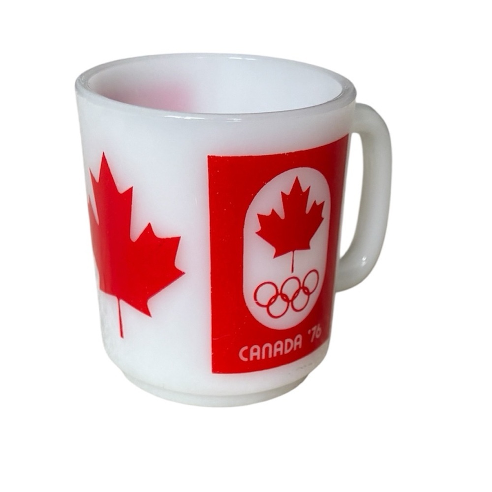 Fire King Canada '76 Olympics Mug White Milk Glass Red Maple Leaf